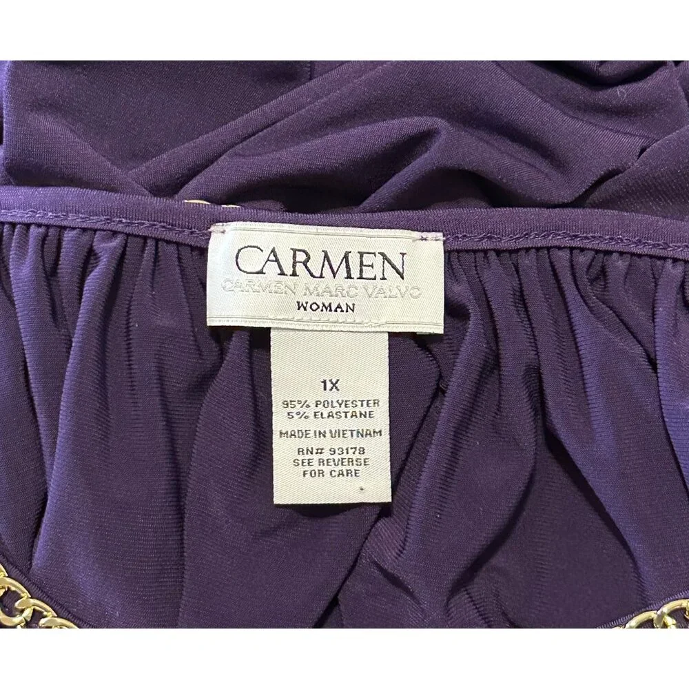 Carmen Marc Valvo Woman Blouse 1X Purple Chain Neckline Top Cold Shoulder Draped - Picture 4 of 7